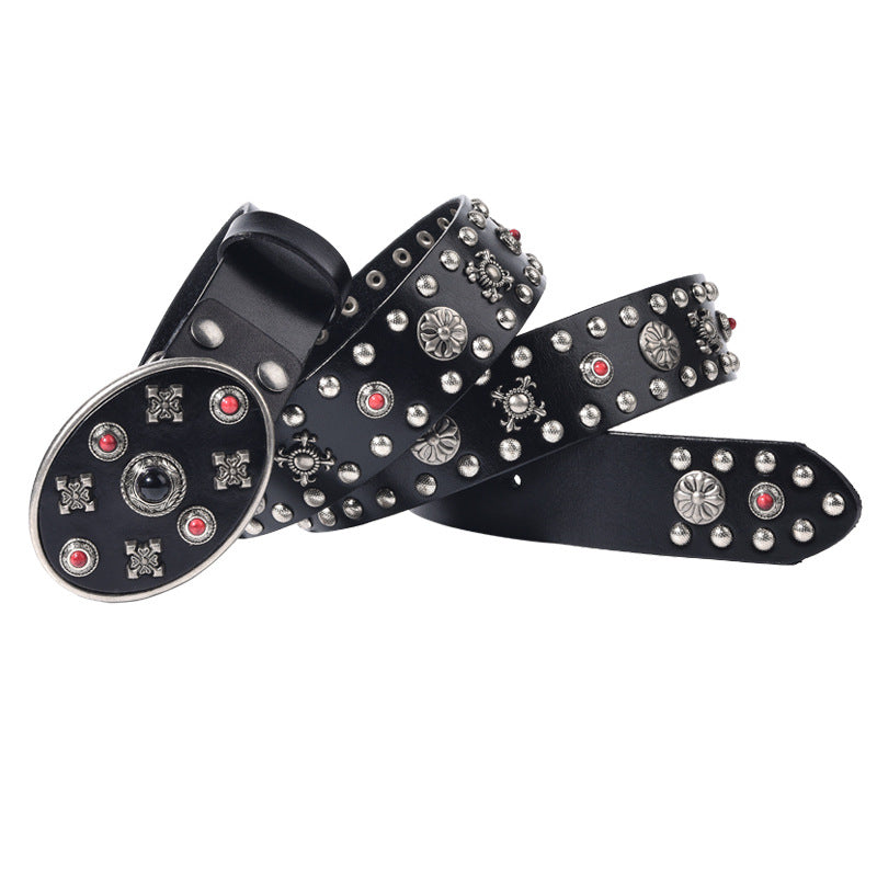 Black Leather Biker Belt with Rivets for Men and Women