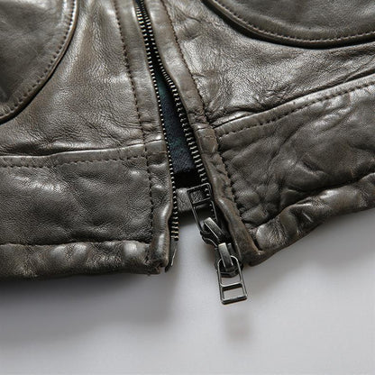 Men Leather Jacket Double Zip Bomber