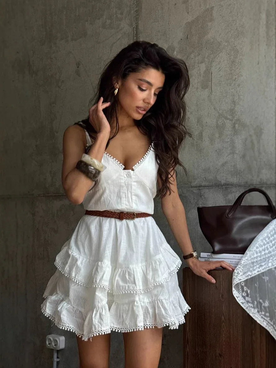 Summer white lace trim belted mini dress