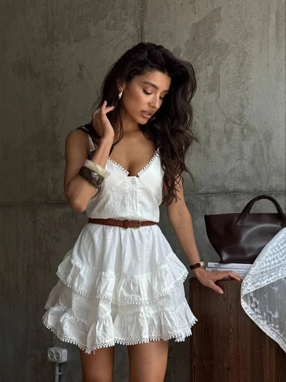 Summer white lace trim belted mini dress
