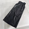 Women Black Genuine Leather Sleeveless Long Dress