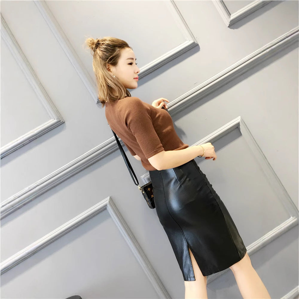 High Waist Black PU Leather Pencil Skirt for Women with Back Slit