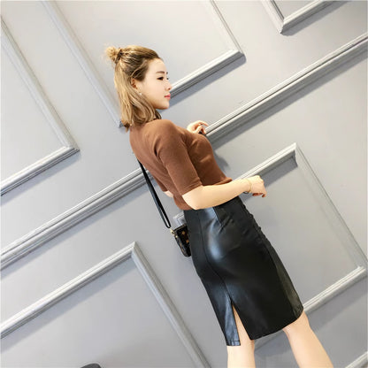 High Waist Black PU Leather Pencil Skirt for Women with Back Slit