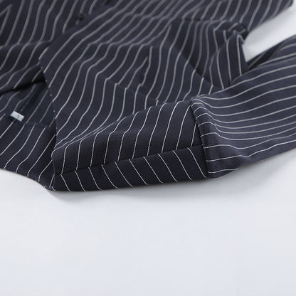 Women Navy Blue Pinstripe Blazer Skirt Set Two-Piece Outfit