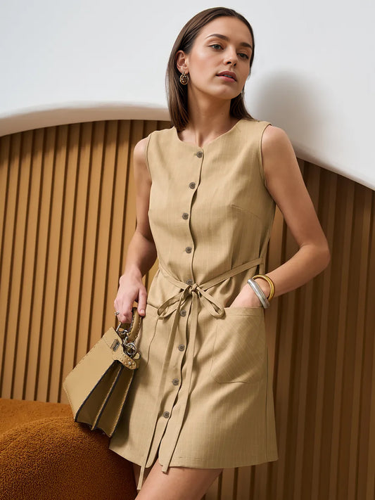 Sleeveless Button Front Summer Mini Dress with Waist Tie