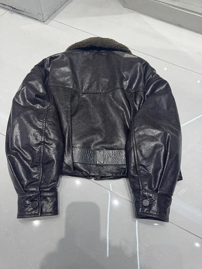 women genuine sheepskin bomber jacket with fur collar