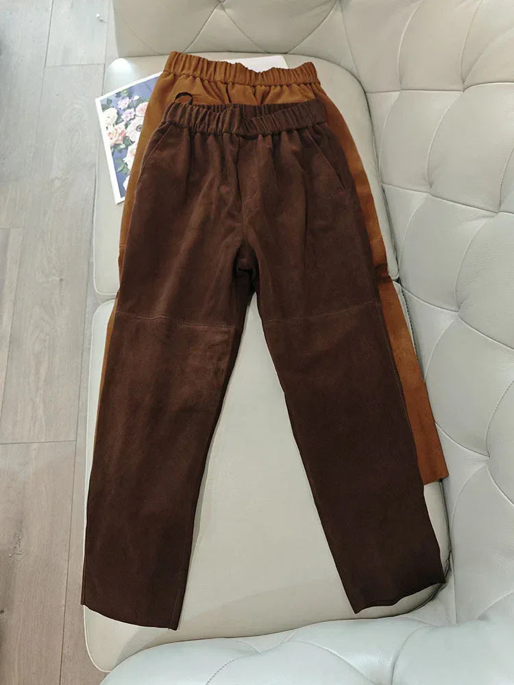 Women Suede Harem Pants High Rise Sheepskin Trousers