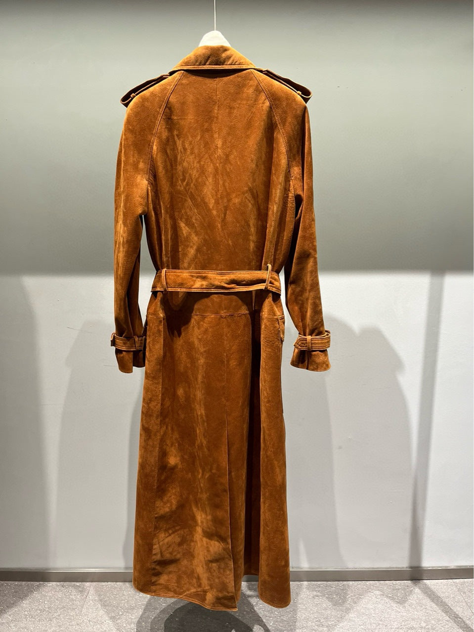 Women Suede Leather Trench Coat Double-Breasted Full Length