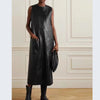 Women Black Genuine Leather Sleeveless Long Dress