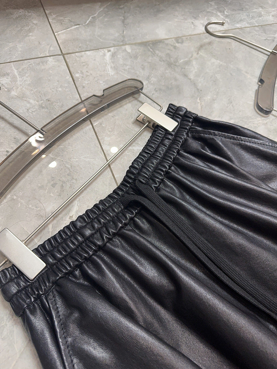 Women’s Leather Maxi Skirt Drawstring Long Skirt