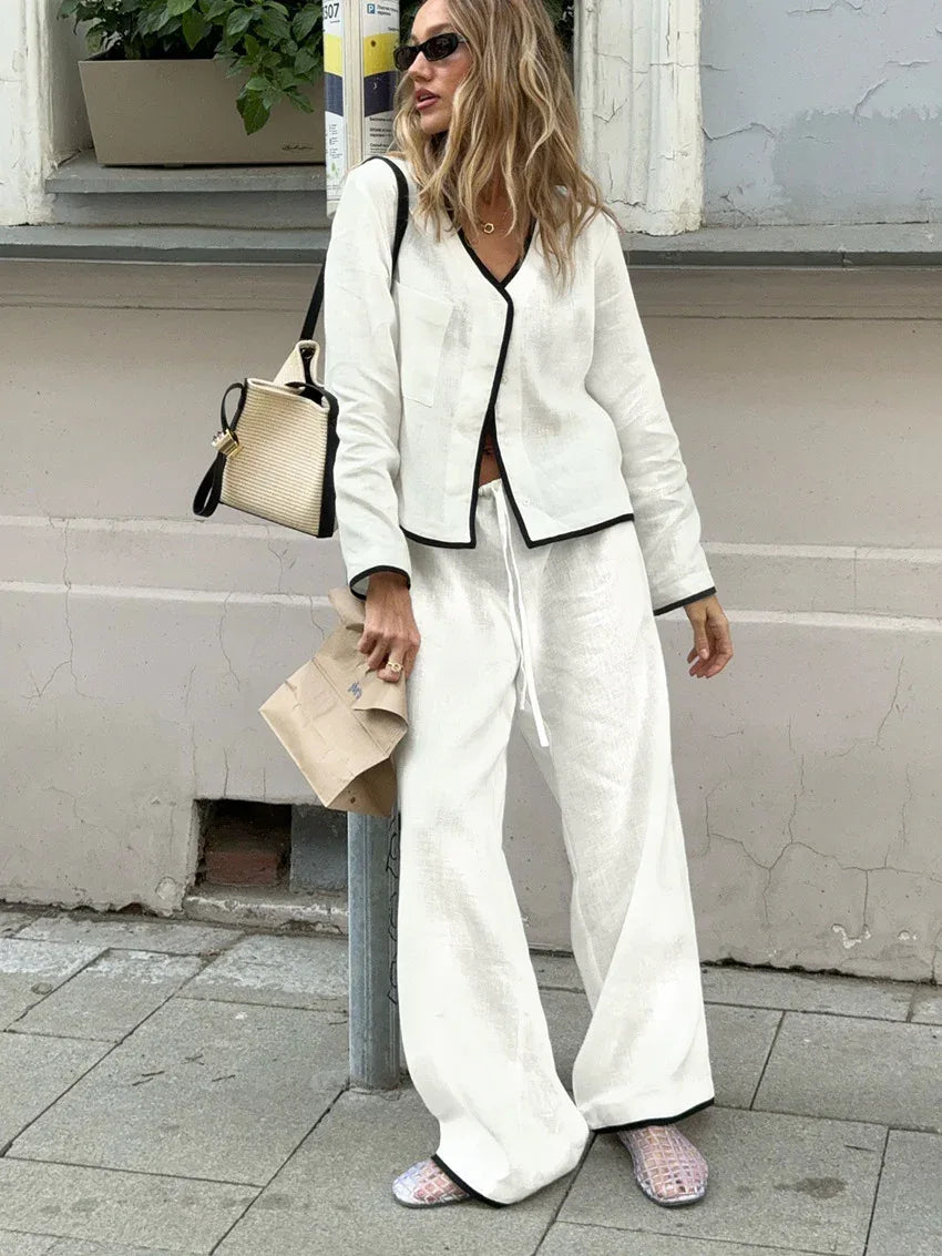 V-neck color block drawstring trouser set