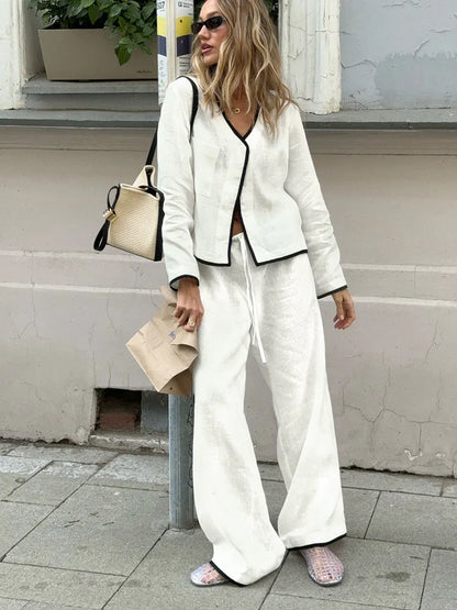 V-neck color block drawstring trouser set