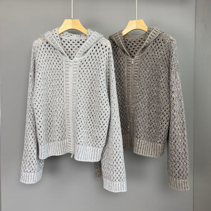 Women’s Hooded Cashmere Knit Cardigan with Sequins