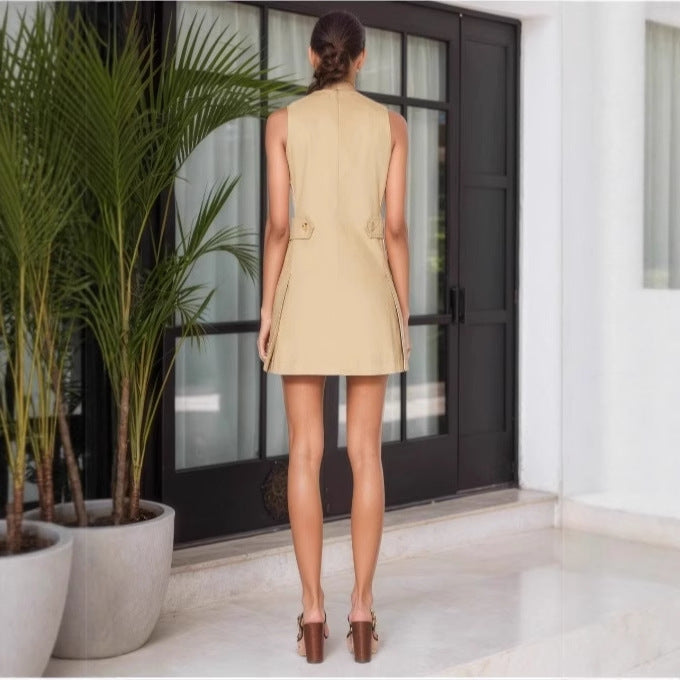 Women’s Sleeveless Khaki Commuter Dress with Cross-Lace Front