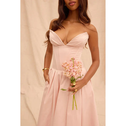 strapless v-neck corset a-line long dress