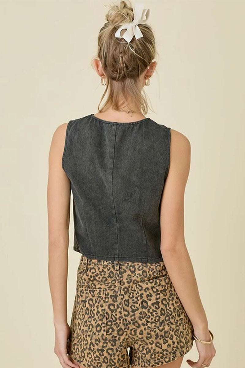 Denim Summer Top Women Sleeveless Front Open