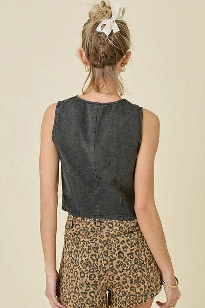 Denim Summer Top Women Sleeveless Front Open