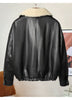 Women shearling collar leather flight jacket