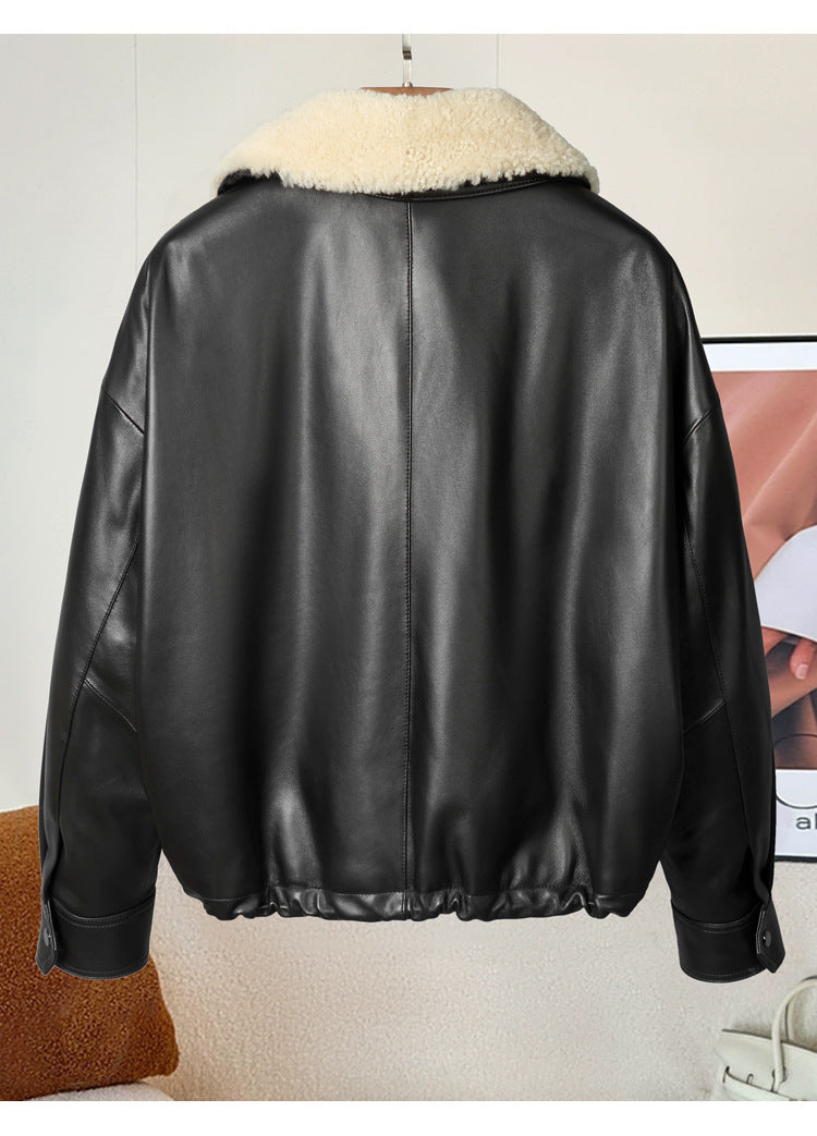 Women shearling collar leather flight jacket
