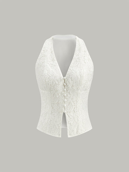 White Lace V-Neck Button Front Sleeveless Vest Top