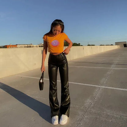 High waist flared faux leather pants