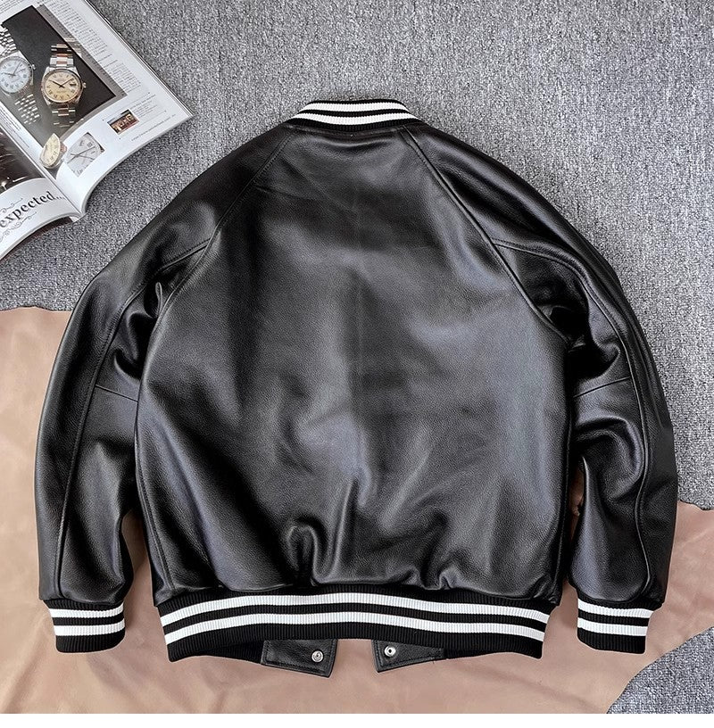 Men Genuine Leather Baseball Jacket Varsity Short Coat