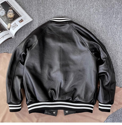 Men Genuine Leather Baseball Jacket Varsity Short Coat