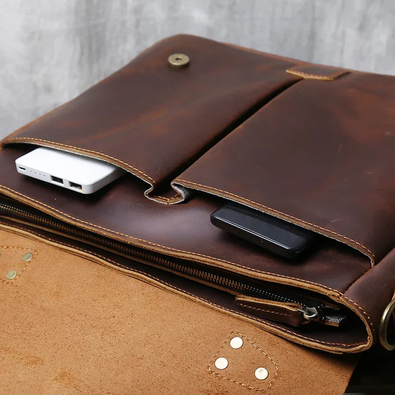 Leather messenger bag briefcase for men