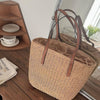 Straw Summer Beach Bag Tote with Leather Handles