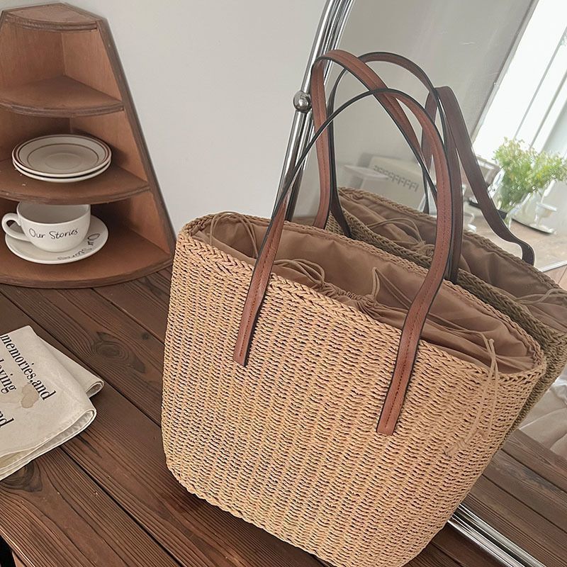 Straw Summer Beach Bag Tote with Leather Handles