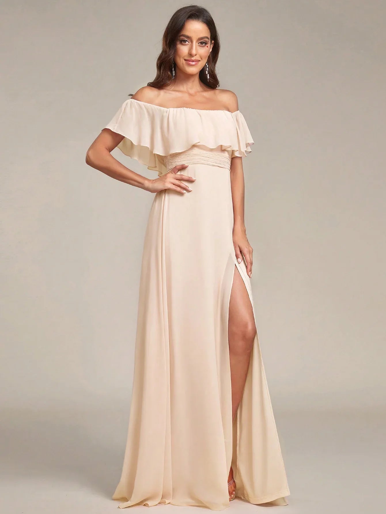 Bridesmaid off shoulder chiffon ruffle dress