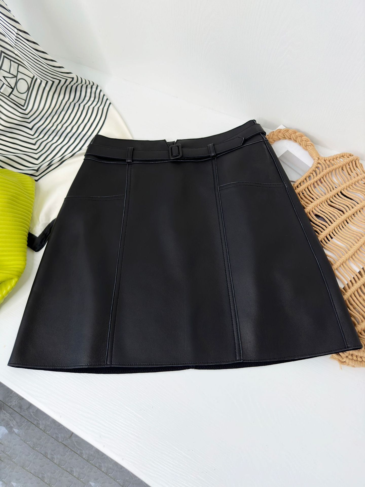 Genuine Leather A-Line Mini Skirt With Belt