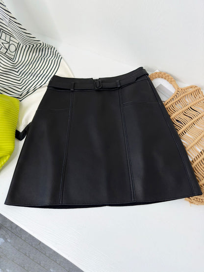 Genuine Leather A-Line Mini Skirt With Belt
