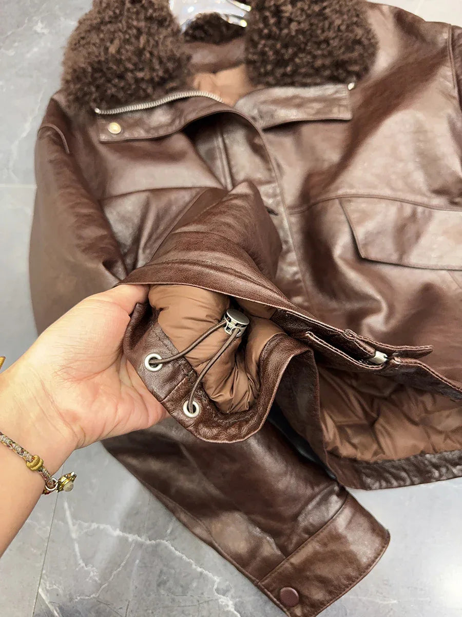 Women waxed leather aviator fur down jacket
