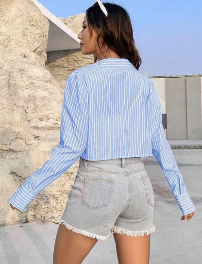 Solid Button Front Crop Shirt