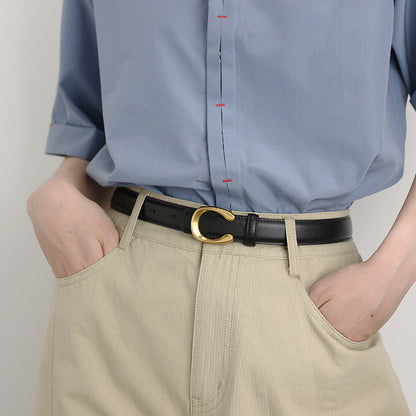 Women’s Black Leather Belt with Slim Gold C Buckle
