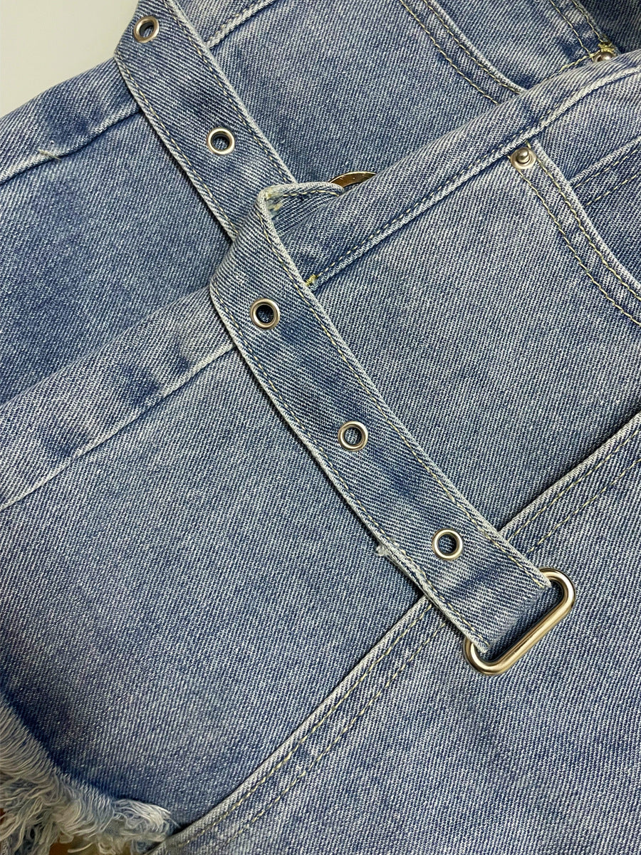 Asymmetrical denim mini skort with frayed hem
