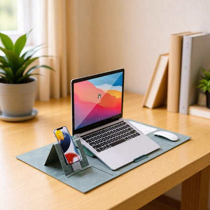 Large leather desk mat with phone stand