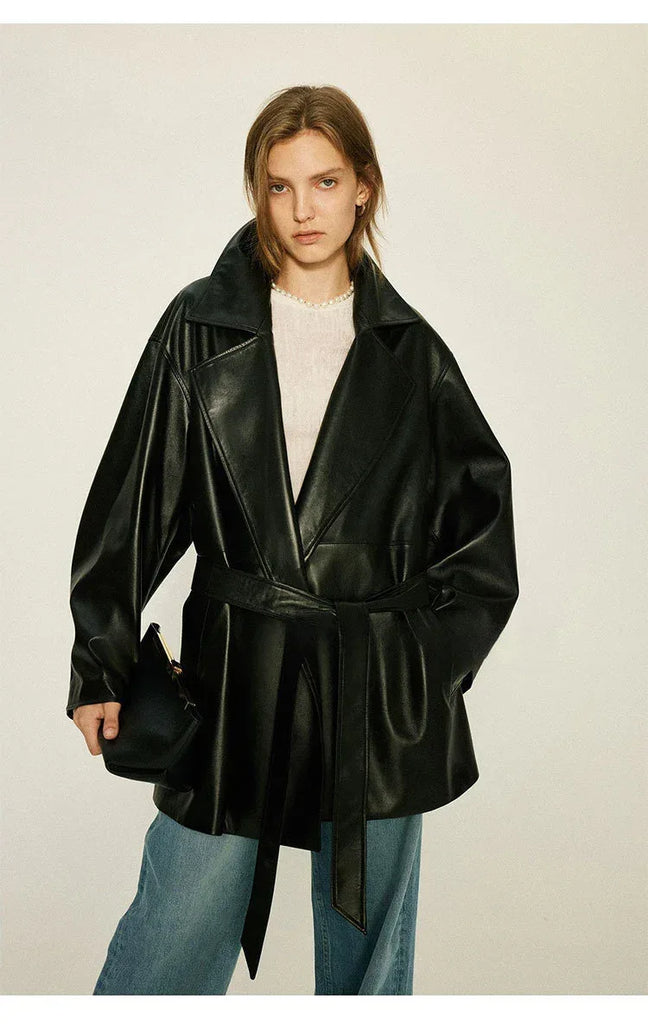 Women’s Oversized Leather Bomber Jacket Moto Trench Coat Black S