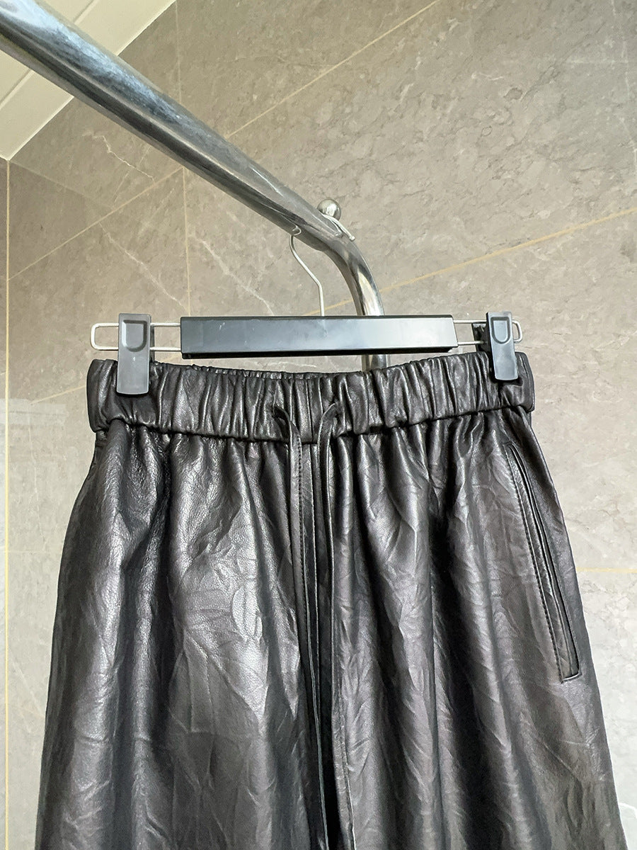 Women Genuine Leather Trousers Elastic Waist Carrot Pants