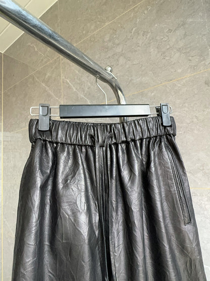 Women Genuine Leather Trousers Elastic Waist Carrot Pants