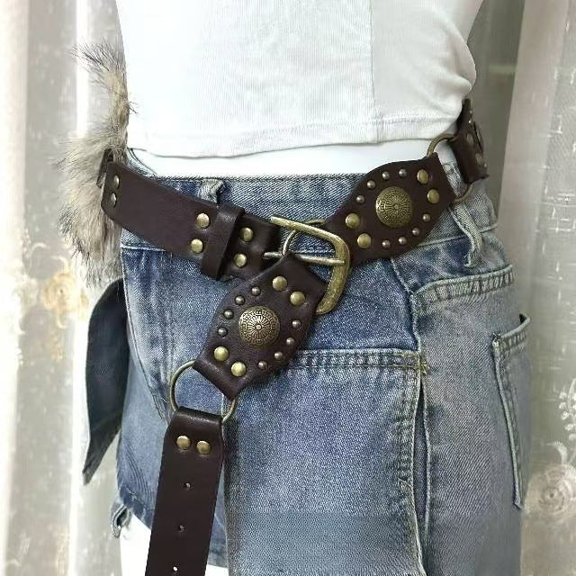Women fur belt punk waist accessory with studded buckle