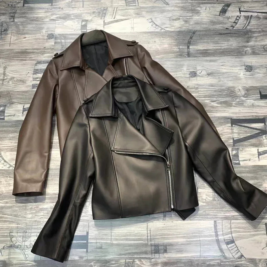 Women Genuine Sheepskin Leather Slim Moto Jacket