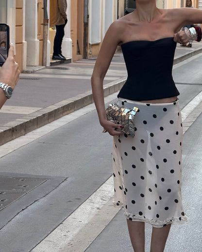 Women Polka Dot Satin Midi Skirt High Waist French Acetate Drape