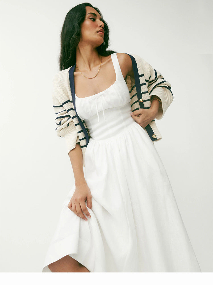White linen a line midi sundress square neck summer