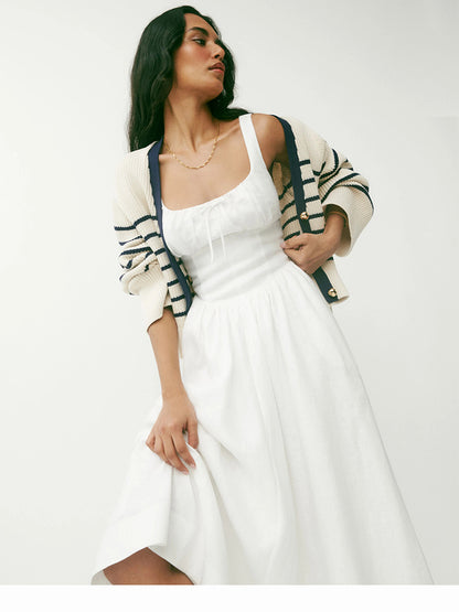 White linen a line midi sundress square neck summer