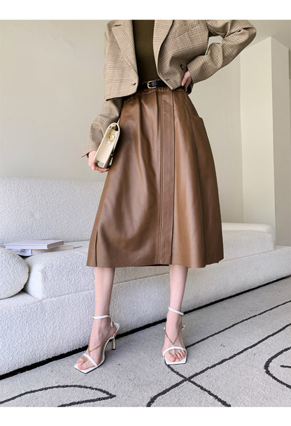 Sheepskin a-line leather midi skirt belt