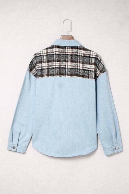 Plaid Patchwork Oversized Denim Shirt Jacket for Women