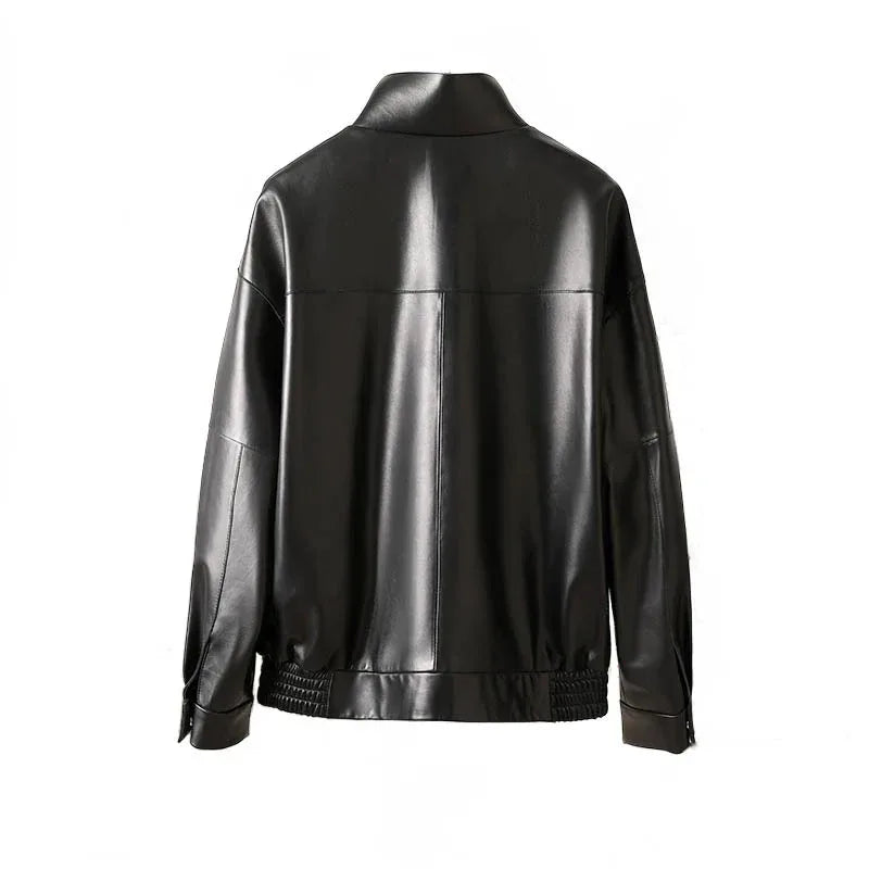 Women Oversized Leather Jacket Bomber Style