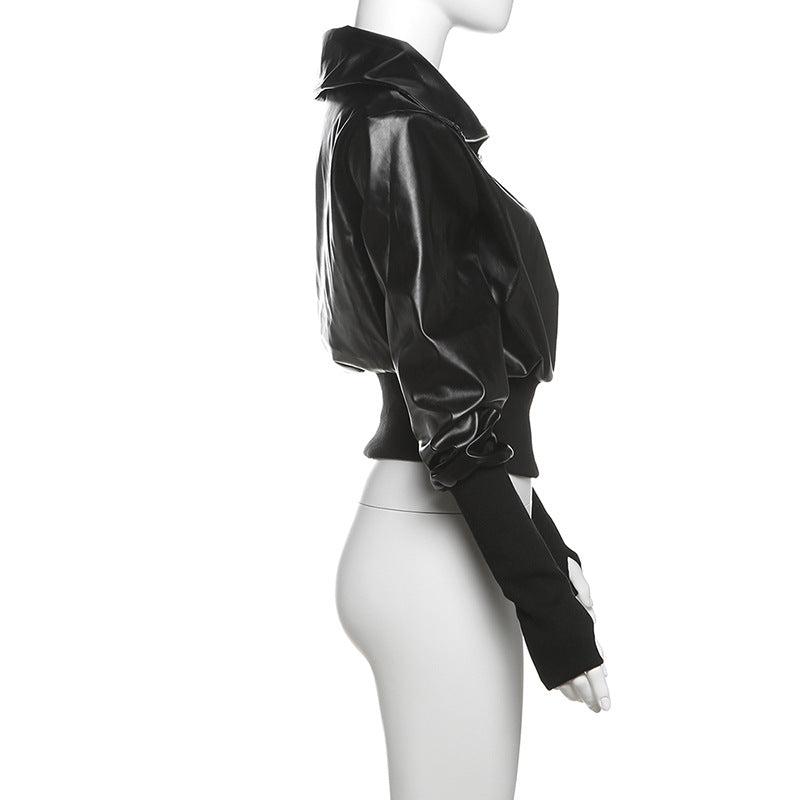Cropped Faux Leather Bomber Jacket for Women